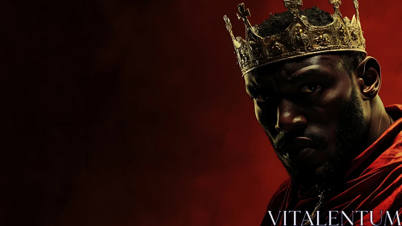 Crowned man in red robe against dark red backdrop.