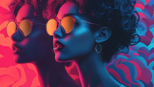 Neon-bath spectral portrait with mirrored chromatic sunglasses.