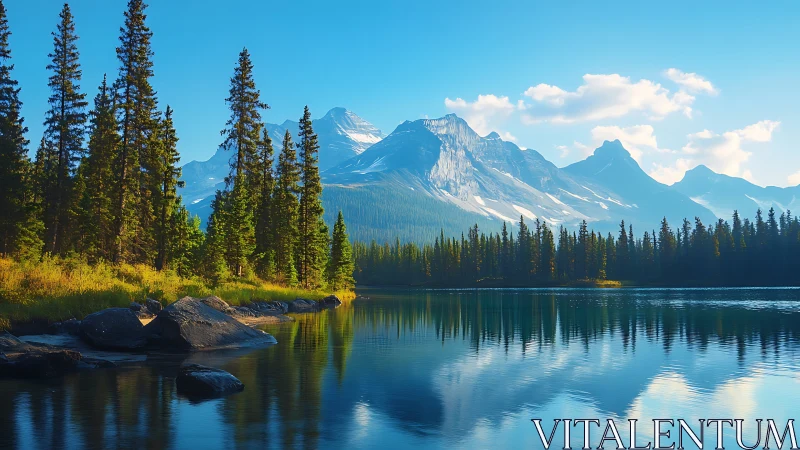 Alpine conifer lake with rocky shoreline and snowlit peaks