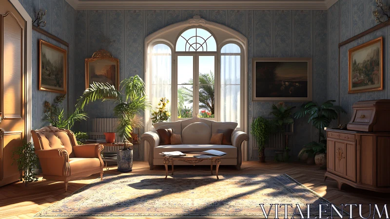 Sunlit parlor sanctuary with plants, paintings, and hush.