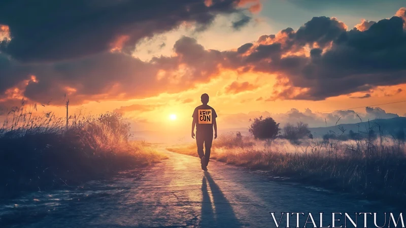 Backlit silhouette on rural path under high-contrast sunset sky