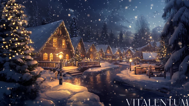 Starlit winter village aglow beside a winding snowy river.