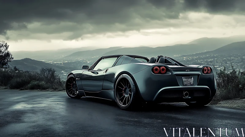 Sports roadster waits on wet mountain overlook above city
