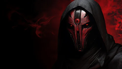 Hooded red-masked warlord in dramatic infernal shadows.