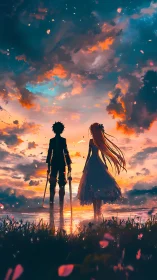 Silhouetted anime couple beside reflective lake at sunset sky