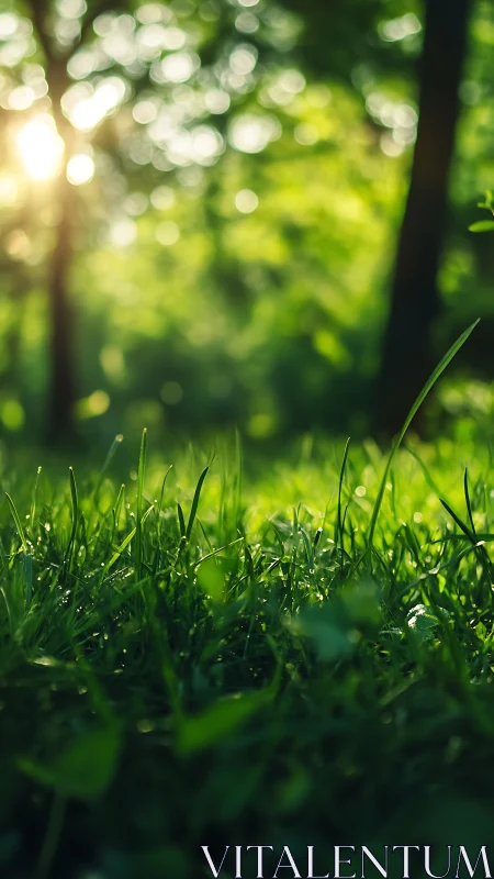 Low-angle shallow depth-of-field capture isolates dew-lit grass blades