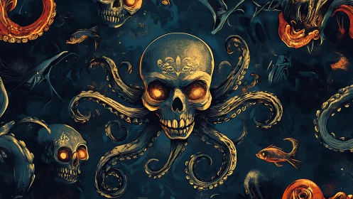 Skull-tide kraken king glows in abyssal pirate gloom.