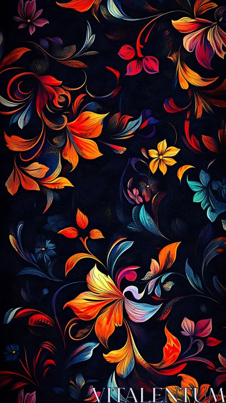 Floral pattern with multicolored stylized blossoms on black.