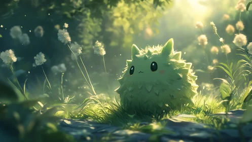 Leafy forest creature under soft glowing sunlight.