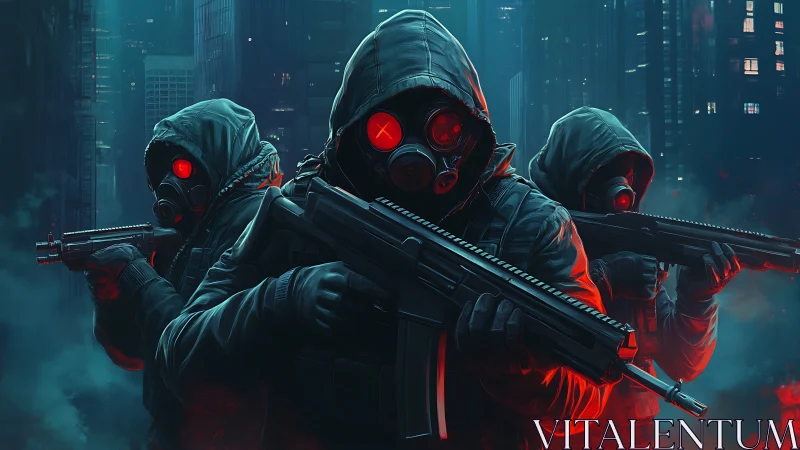 Cyberpunk tactical squad with red-lens respirator masks.