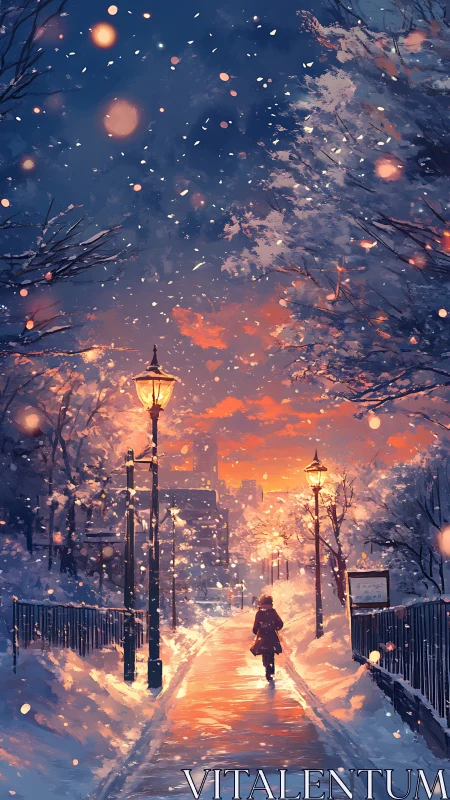 Solitary figure walks along snow covered path at sunset