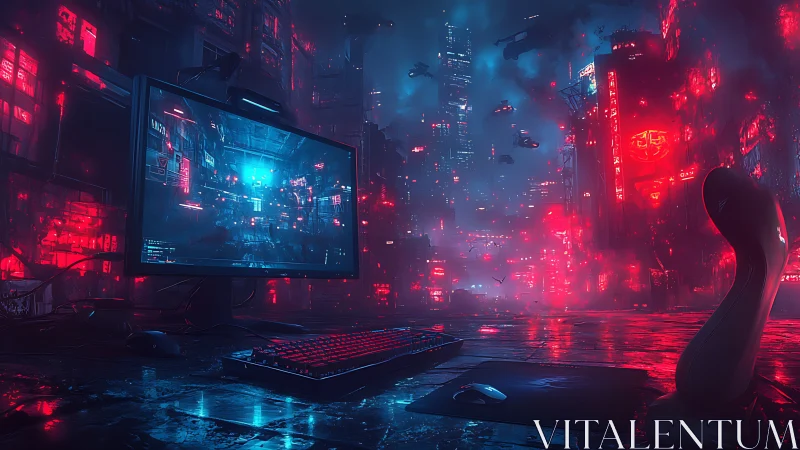 Neon-soaked cyberpunk workstation overlooking holographic city.