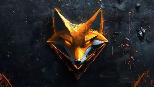 Geometric cyberpunk fox emblem on dark textured wall.