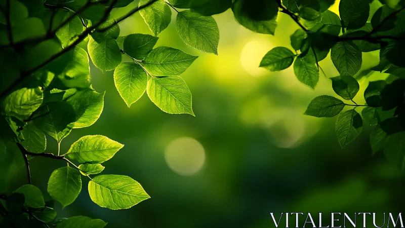 Sunlit Green Leaves with Soft Focus Nature Background.