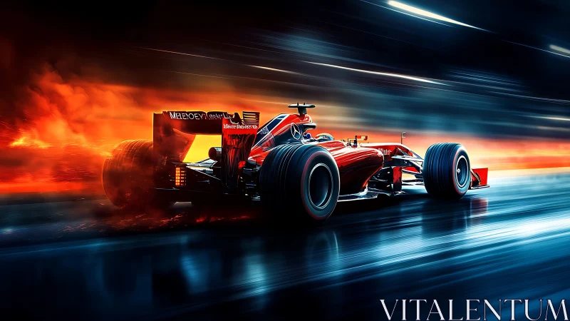 Red Formula car slices wet track through molten light.