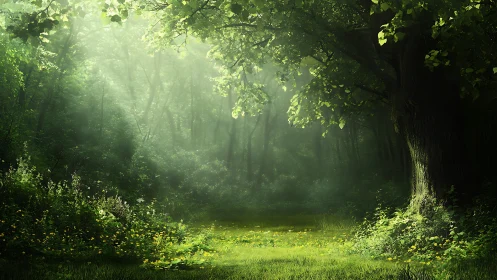 Sunlit Forest Clearing with Lush Greenery and Soft Light.