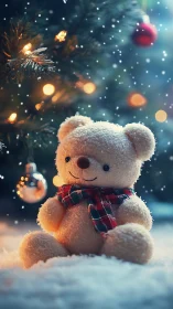 Cozy teddy bear under glowing Christmas tree lights.
