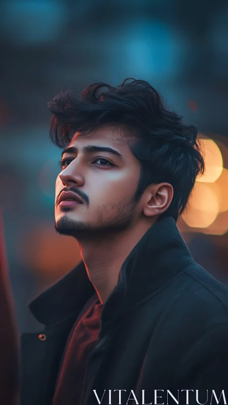 Midnight city dreamer bathed in cinematic neon silence.