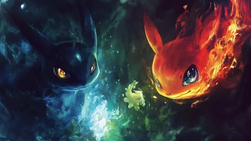 Elemental fox spirits race through swirling fire and water.