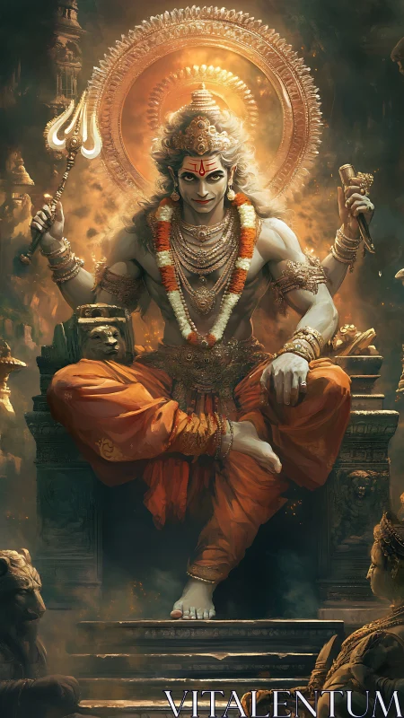 Divine warrior deity sits enthroned in radiant golden fire