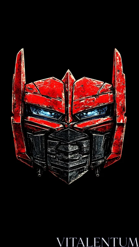 Battle-scarred red mech helmet with glowing blue optics.