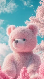 Pink fluffy teddy bear in pastel spring outdoor scene.