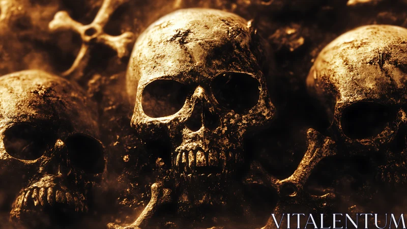 Gritty golden skulls glow softly in smoky, shadowed light