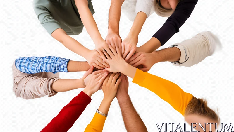 Diverse group teamwork with joined hands, top view, modern style.
