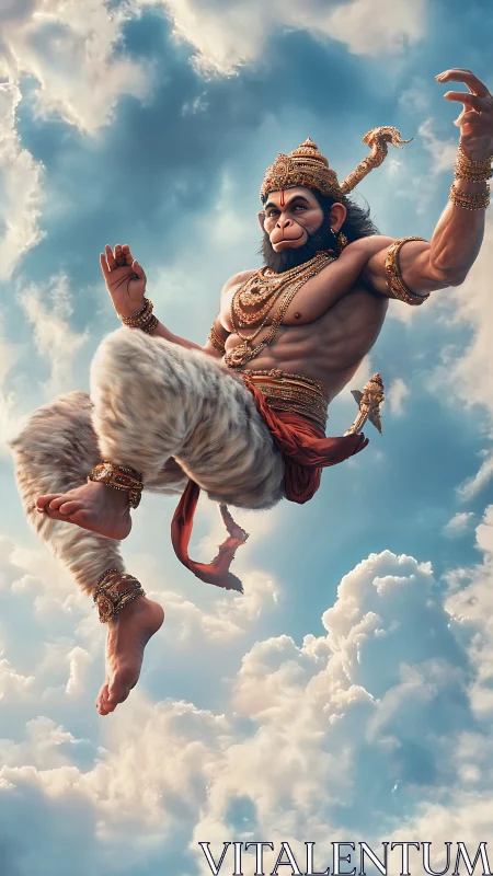 Sky-leaping monkey warrior slices clouds with jeweled grace