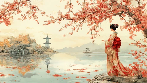 Gentle kimono-clad woman gazes across a quiet lakeside garden