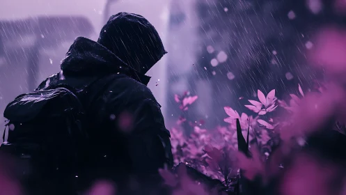 Hooded urban wanderer in violet rain among luminous flowers