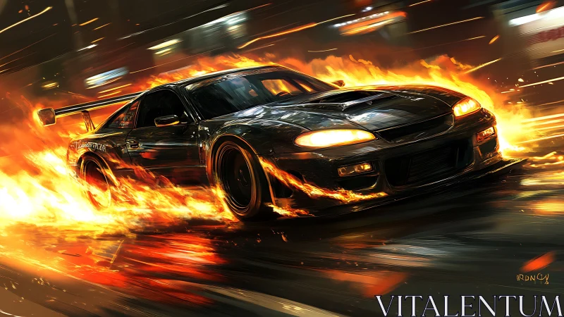 Street racer car ignites neon night with drifting flames.