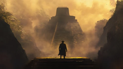 Lone explorer facing misty temple staircase at dawn.