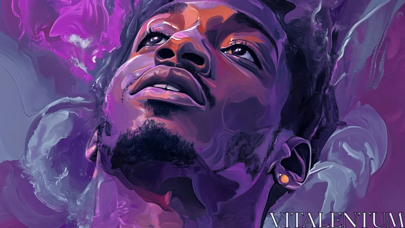 Vibrant purple portrait of upward gazing man in digital strokes.
