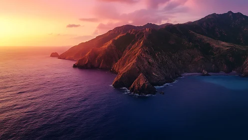 Sunset paints rugged sea cliffs with molten lavender light