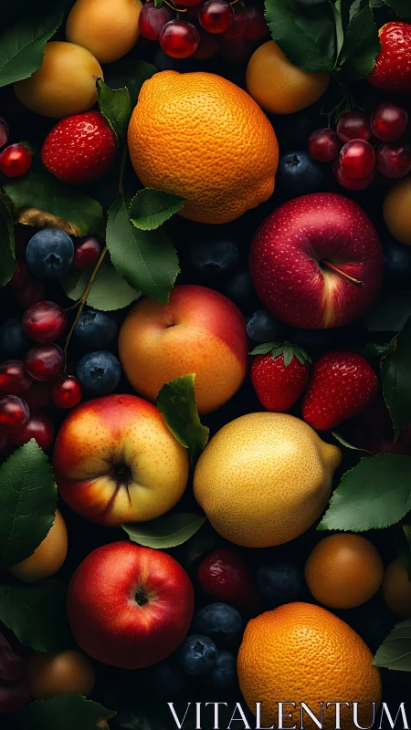 Orchard treasure medley of ripe fruit glowing in deep shadow.