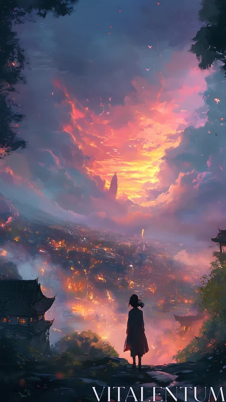 Distant ember-city hums beneath a sky stitched with fire