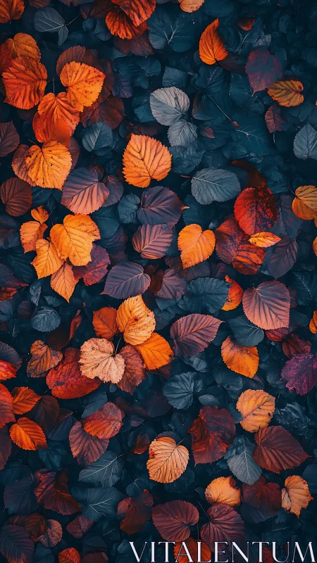 Autumn leaves contrast against deep teal forest floor