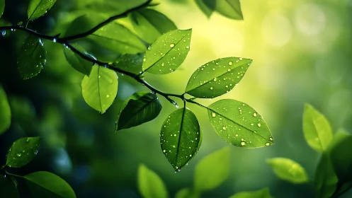 Dew covered green leaves with soft bokeh forest light.