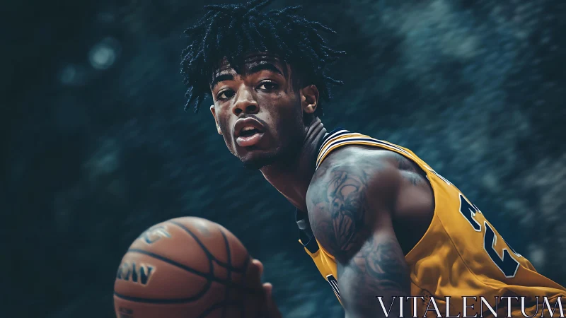 Male basketball player dribbling in yellow jersey midgame.