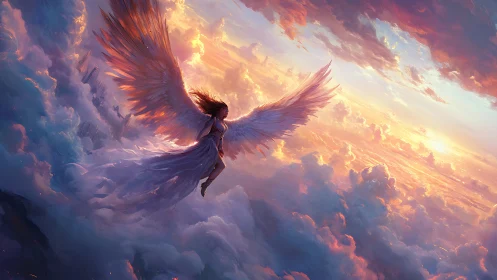 Radiant winged figure traversing volumetric sunset cloudscape.