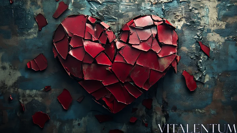 Fractured Red Heart Against Weathered Turquoise Surface.