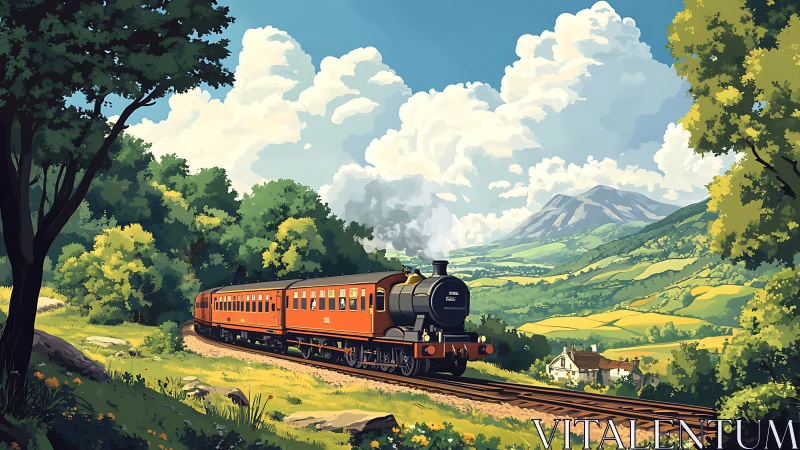 Vintage steam train curves through bright summer valley landscape