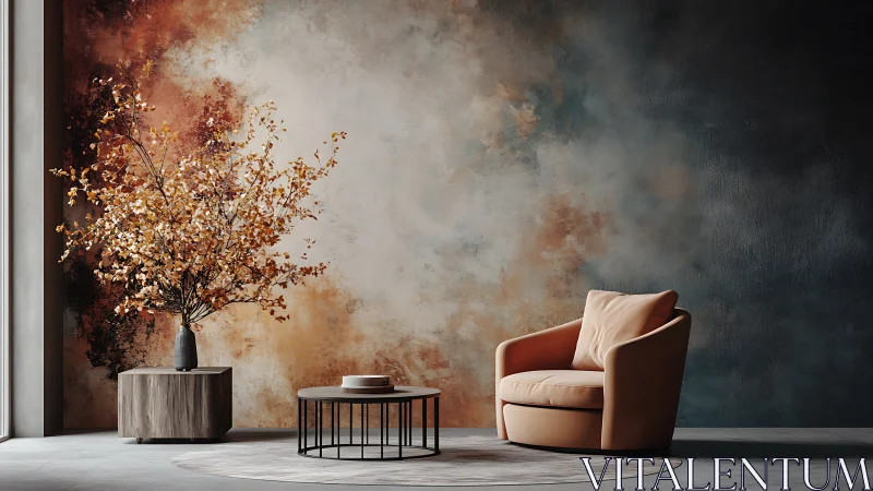 Modern lounge chair against abstract textured wall.