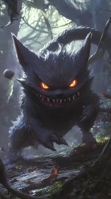 Midnight forest fiend-cat prowls with ember-bright eyes.