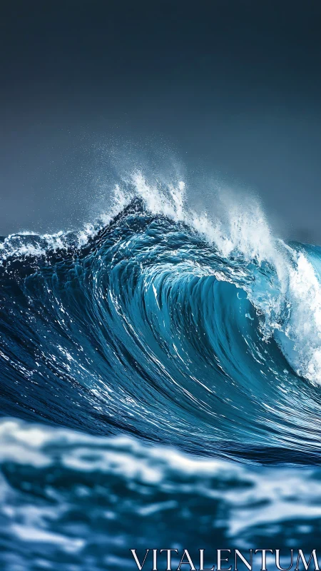 Towering blue ocean wave curls under dark stormy sky