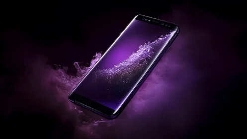 Sleek modern smartphone in purple smoke with futuristic digital style.