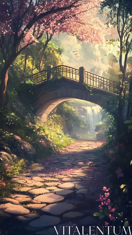 Stone path leads under arched bridge toward distant waterfall