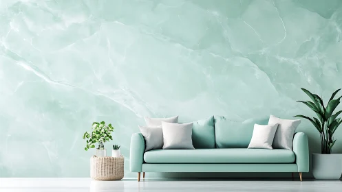 Mint green sofa anchors minimalist living room interior