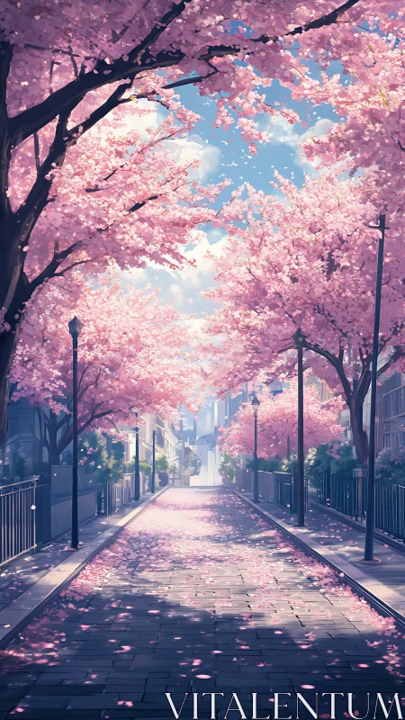 Urban street under pink cherry blossoms in full bloom.